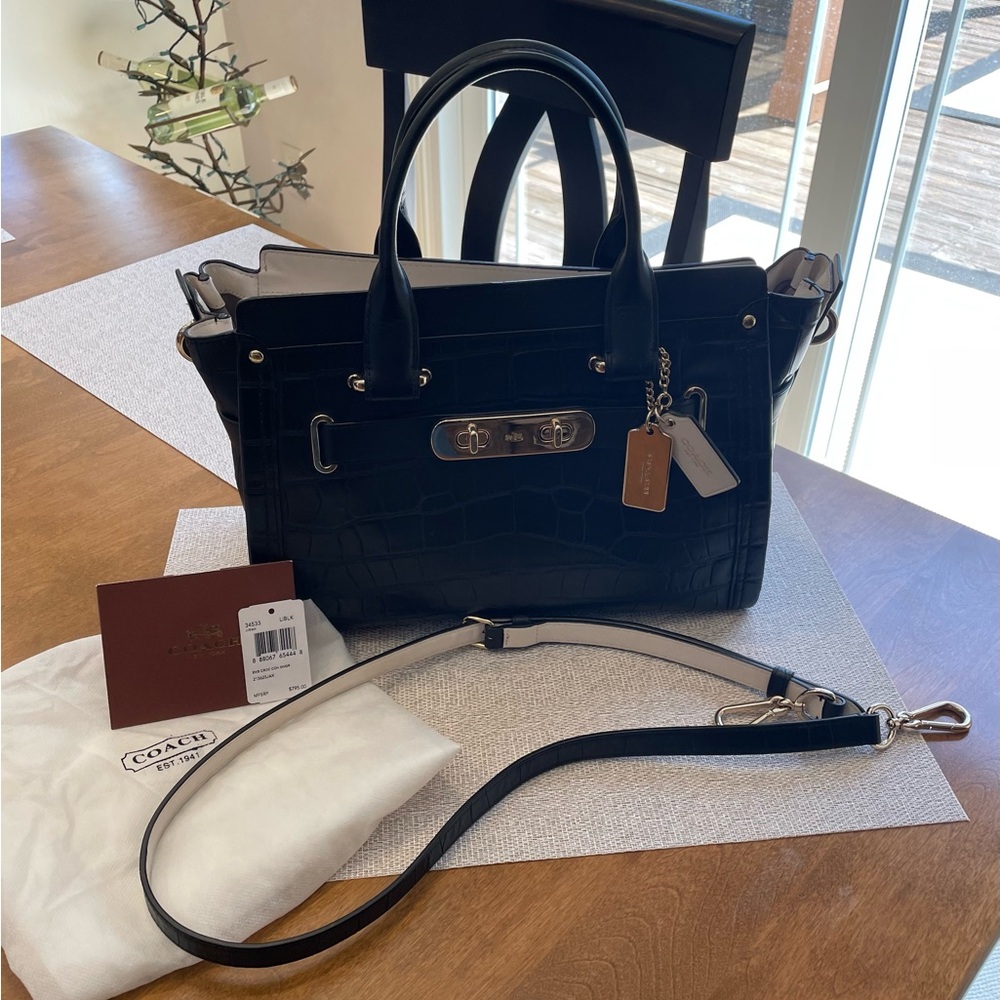 Coach Black Swagger Crocodile Embossed Leather Satchel